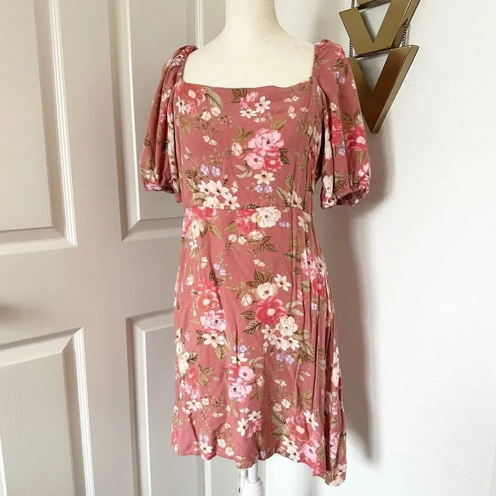 Paper Heart Pink Floral Puff Sleeve Off the Shoulder Mini Dress - Picture 2 of 11